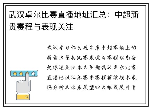 武汉卓尔比赛直播地址汇总：中超新贵赛程与表现关注