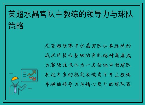 英超水晶宫队主教练的领导力与球队策略